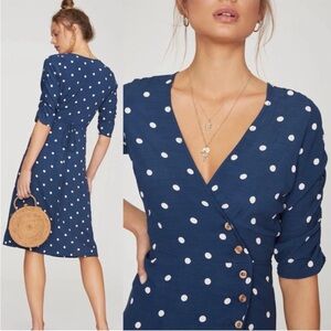 Faithfull the Brand Anne Marie Wrap Midi Dress Blue Ronja Polka Dot Slit Sz 4
